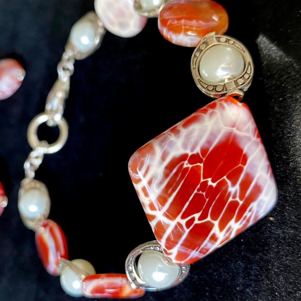 "Silver Diamond Orange Agate" Jewelry Set – Bracelet & Earring Pearl Bead